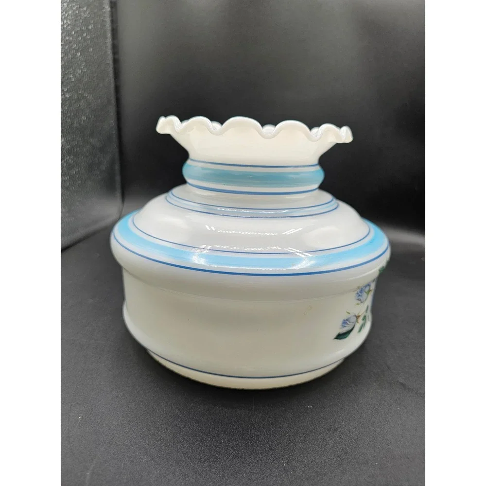 Vintage Milk Glass Hurricane Lamp Shade Blue Rose Floral Ruffled Edge 7in Fitter